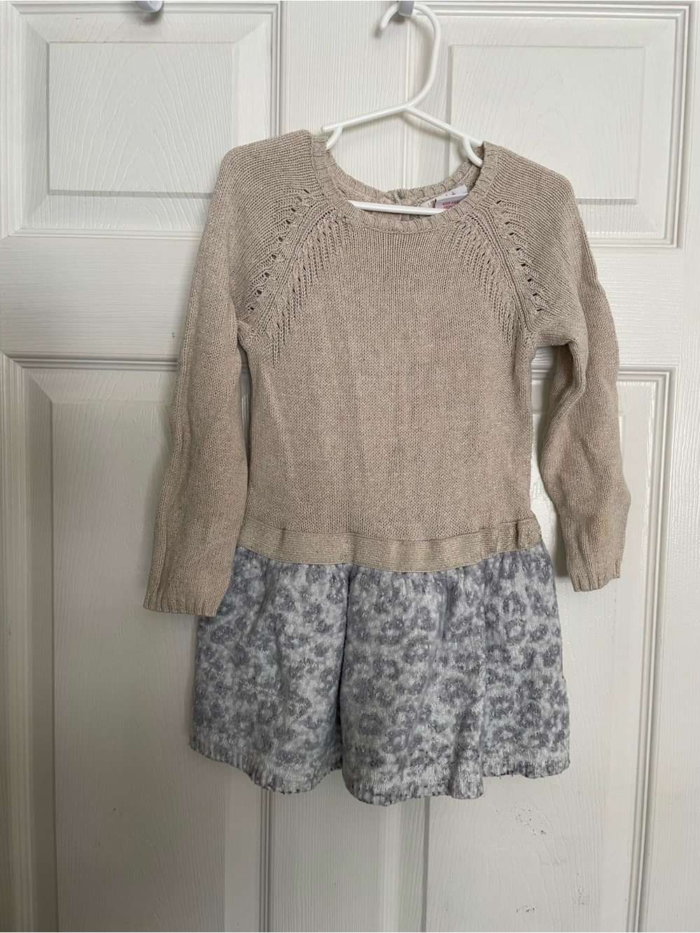 Lilly Wicket Girls' 3T Tan Knit Sweater Dress with Leopard Printed Skirt